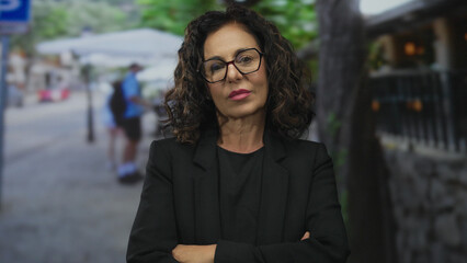 Confident middle age hispanic woman with glasses stands on a lively street outdoors conveying a sense of determination and urban elegance in a bustling environment. © Krakenimages.com
