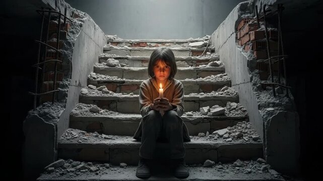 Child in war background, holding candle on ruined stairs, symbolizes hope. This children in war background image shows light in darkness and resilience in face of adversity.