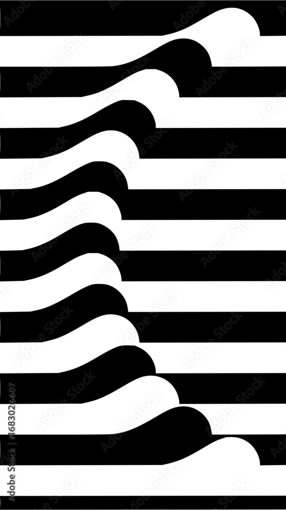 Poster dynamic optical illusion of flowing black and white shapes creating depth and movement