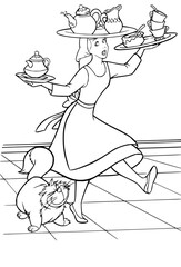 Joyful woman carrying tea set, with playful cat nearby, perfect for storybook or whimsical design.