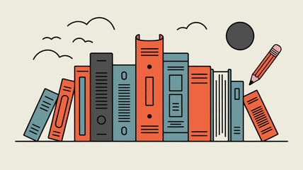 Illustration of a row of books with a pencil, birds, and a sun against a light background scene