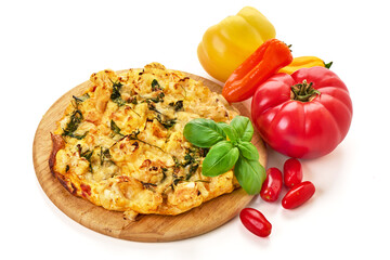 Cauliflower Frittata, Bell Peppers, Tomatoes, Basil, isolated on white background