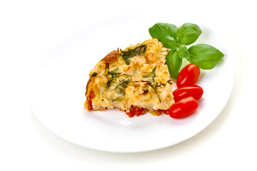 Frittata Slice, Tomatoes, Basil, isolated on white background