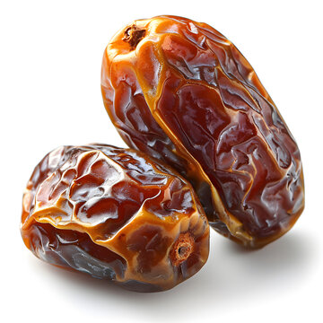 Premium studio shot showing A detailed, close up image of two fresh, dried Barhi Al Qassim dates on a pure white background. The dates are round, golden brown when dried, with a firm, crisp texture. O