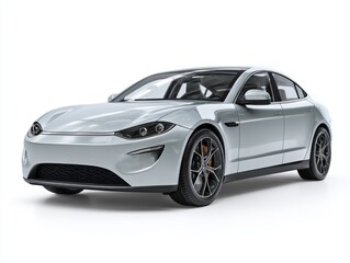 Obraz premium A sleek, modern sedan in a light gray hue is prominently displayed against a plain white background.