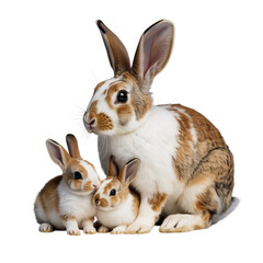 Obraz premium A rabbit mother with two baby bunnies sitting together on a black background looking at the camera