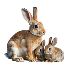 Fototapeta premium A mother rabbit sitting with her two baby bunnies looking forward on a black isolated background