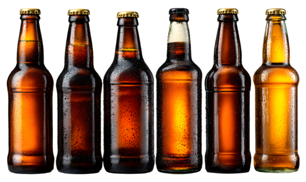 Brown beer bottles isolated on transparent backgroun in various open and close states with visible foam;perfect Oktoberfest clipar set for traditional beer-hemed designs