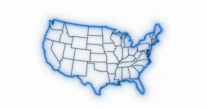 Appearing blue glow tracing map outline of US on white backdrop to highlight state borders