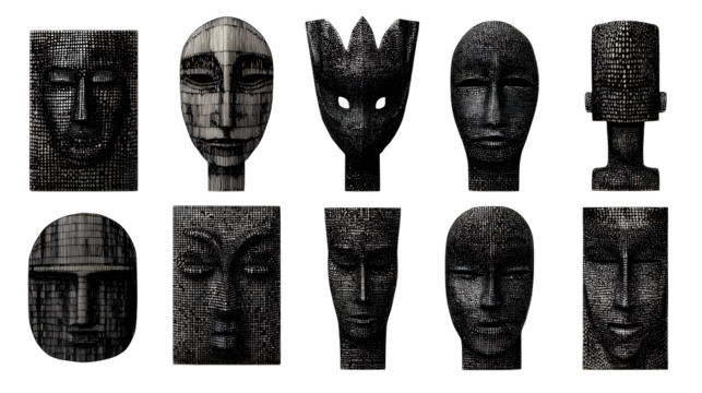 Abstract Tribal Masks Collection, isolated on transparent background