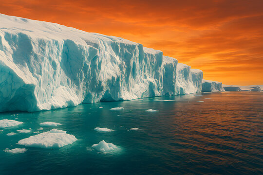 Massive polar iceberg floating in Arctic ocean at dramatic sunset, melting glacier landscape, frozen climate environment, global warming concept, icy seascape with drifting ice fragments