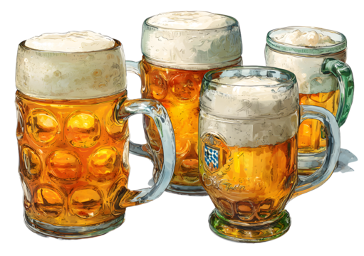 Frosty beer mugs with golden lager and thick foam hed in Oktoberfest style, inluding empty glass isolate; classic festive clipart et for traditional beer-thmed design - Powered by Adobe