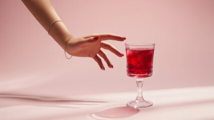 Elegant womans hand reaching for a glass of red wine on a pink background in a studio setting