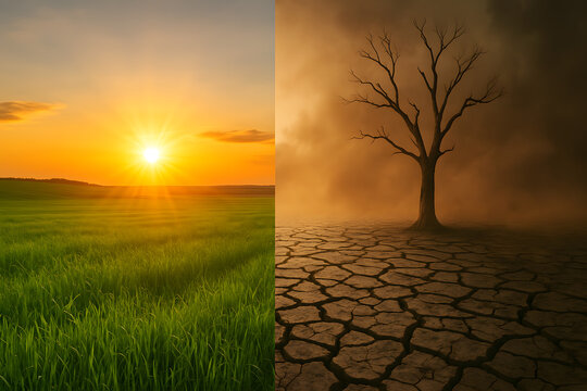 Climate change comparison showing fertile green landscape and drought cracked earth, global warming environmental contrast, extreme weather transformation, ecological crisis concept with dry tree and 