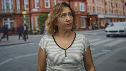 Middle aged woman plugs ears with fingers on bustling urban street with brick building facade;...
