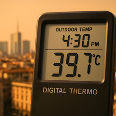 Digital thermometer showing extreme heat in city, outdoor temperature display climate change impact, global warming weather condition, urban heatwave measurement, summer environment crisis awareness