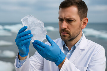 Scientist examining plastic waste on ocean beach, environmental pollution research concept, marine conservation study, climate change impact analysis, sustainability science investigation, ecological 