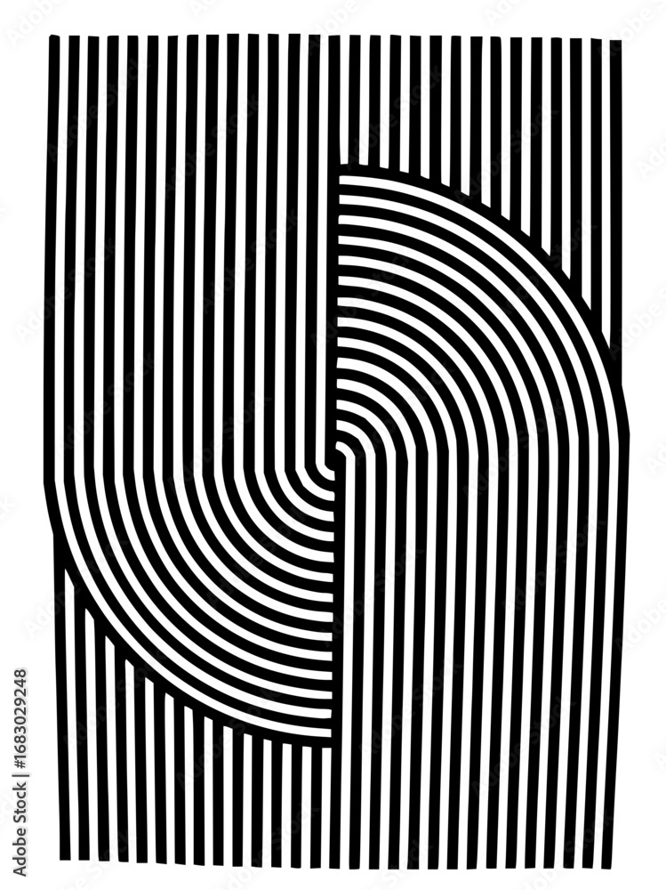 Poster dynamic optical illusion art with bold black and white lines creating a modern abstract design