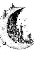 Imaginative lunar city skyline sketch on crescent moon, futuristic architectural concept