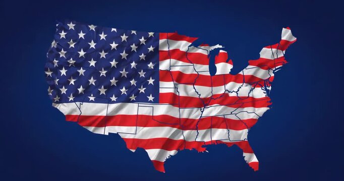 Opening silhouette of US with boundary outlines and American flag waving on dark blue backdrop