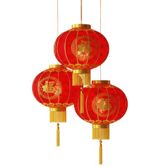 Three red chinese lanterns with gold accents isolated on transparent background