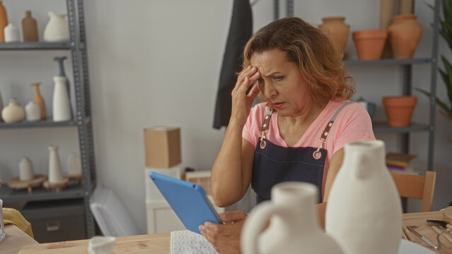 Woman artisan places her hand on temple while holding a blue tablet in an indoor studio workspace filled with pottery tools and shelves; uncertainty.