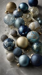 Assorted Christmas Ornaments In Blue Gold Silver And Grey Background