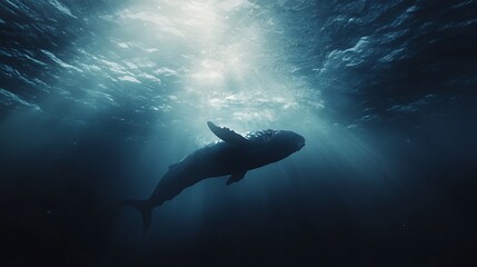 Fototapeta premium Gorgeous whale silhouette glowing beautifully with sunlight shining underwater picture