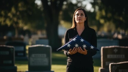 Woman mourns veteran at memorial, holding folded flag, honoring their sacrifice. Woman mourns their sacrifice at memorial and shows respect, grief, and patriotism in solemn remembrance. Woman mourns,