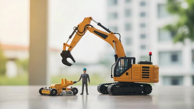Toy excavator and worker next to bulldozer on table, set against blurred background, ready to work. Toy excavator with human figure demonstrates miniature construction scene for children.