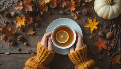 Top view of cozy autumn setting with person wearing knitted mustard sweater holding a cup of herbal tea with lemon slice