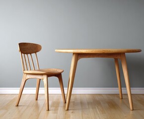 A light oak dining chair and round table are presented against a neutral gray wall, showcasing simple lines and natural beauty.