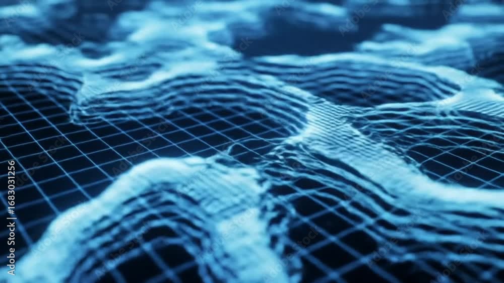Poster abstract blue grid waveform background with flowing digital data and network connections.