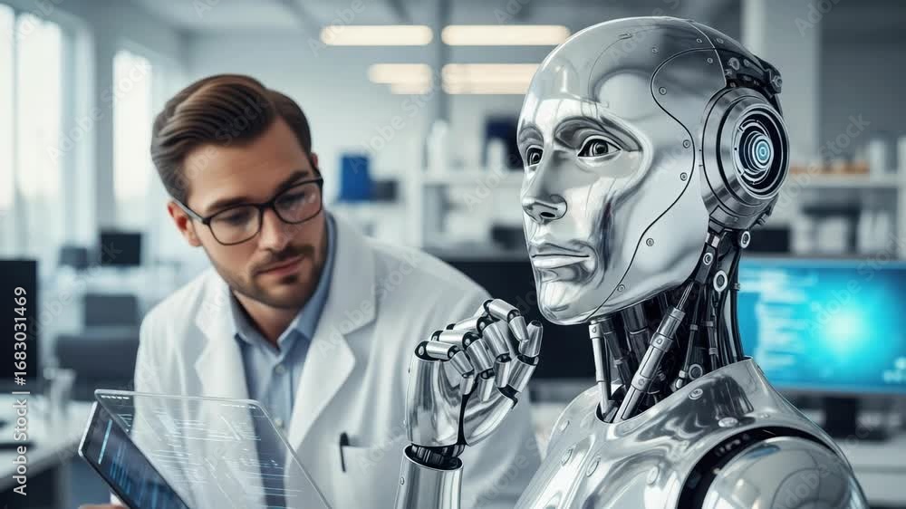 Poster ai technology advancements depicted by scientist inspecting ai device in laboratory. ai technology d