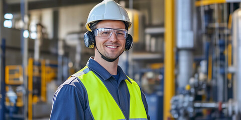 Smiling male engineer in safety gear inside industrial facility Generative AI