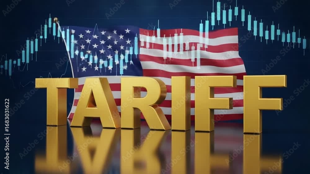 Poster golden tariff text overlaying american flag with financial chart in the background rendering