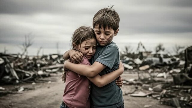 Children in war embrace, conveying impact on their lives, amidst ruins and rubble, symbolizing their displacement and loss. Children in war seek solace in each other's arms,