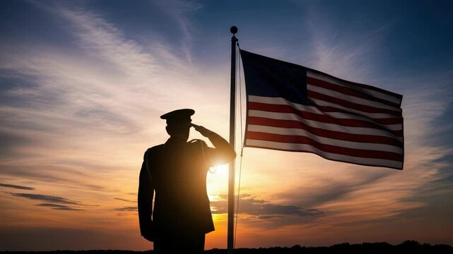 Patriotic Veterans Day scene featuring silhouette of soldier saluting flag against colorful sky. Veterans Day background illustrates service and sacrifice of military personnel. - Powered by Adobe