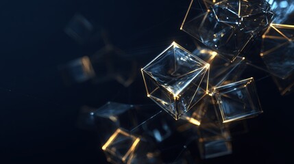 Abstract blockchain visualization with glowing cubes connected by luminous lines, futuristic financial technology digital artwork.