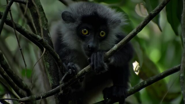 Adorable Grey-Headed Lemur gazing inquisitively from a jungle tree, showcasing its distinct features