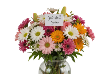 Get well flowers, vase, card, studio, bright background, sympathy gift