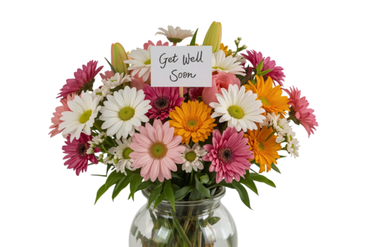 Get well flowers, vase, card, studio, bright background, sympathy gift