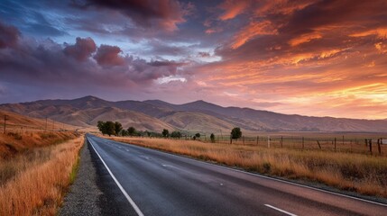 Naklejka premium Country Road At Sunset With Dramatic Sky
