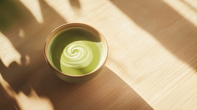 A delicate bowl of matcha latte, showcasing a beautiful swirl design against a light wooden surface, bathed in natural sunlight.