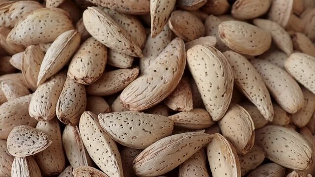 Almonds in shells 4k close up footage showing cracked shells and exposed kernels
