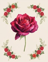 Watercolor Red Rose on a Stem with Decorative Flower Border