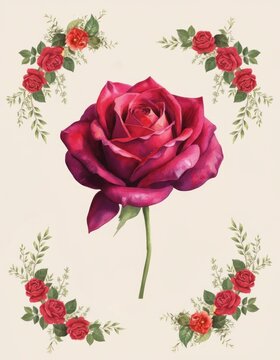 Watercolor Red Rose on a Stem with Decorative Flower Border