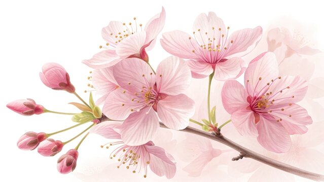 Watercolor Pink Cherry Blossom Branch on White