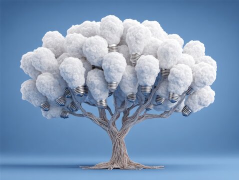 Cloud lightbulb tree on a blue backdrop