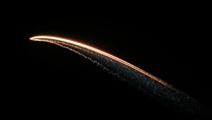 A luminous, curved trail streaks across a dark void.  Distant, faint, wispy particles trail behind